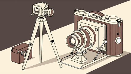 Retro Illustrated Vintage Cameras Tripod Classic Photography Equipment for Creative Media Production Design and Art Projects