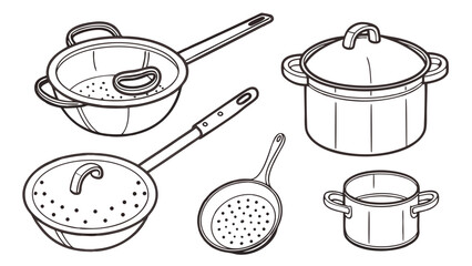 Kitchen Cookware Outline Icons Vector Set Pots Pans Colanders Kitchen Tools Cooking Equipment Home Restaurant Food Preparation Design
