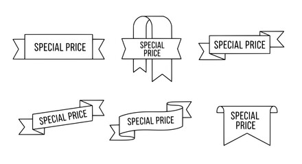 Collection of various outline vector special price advertising ribbons displaying promotions on a minimalist graphic white background