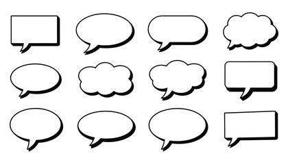 Fototapeta premium Collection of twelve diverse white speech bubbles with black outlines and drop shadows arranged in three rows on a white background