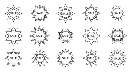 Fifteen diverse outline starburst sale icon collection displaying discount promotions on a crisp white background for retail marketing