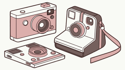 Vintage Photography Cameras Illustration. Retro Instant and Film Cameras in Pastel Colors for Creative Design, Nostalgic Content, and Web Graphics.