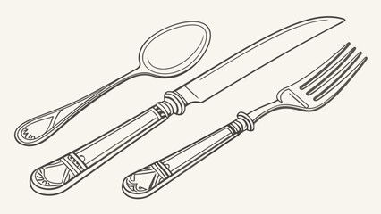 Elegant Hand Drawn Cutlery Set Line Art Illustration for Restaurant Menu Design and Culinary Blog Graphics Classic Kitchen Utensils