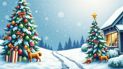 A painting of two reindeer standing in front of a christmas tree