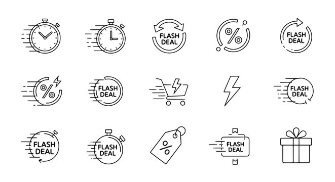 Outline vector line art icon collection illustrating various sales and discount elements with stopwatch symbols lightning bolts and percentage signs for digital marketing campaigns