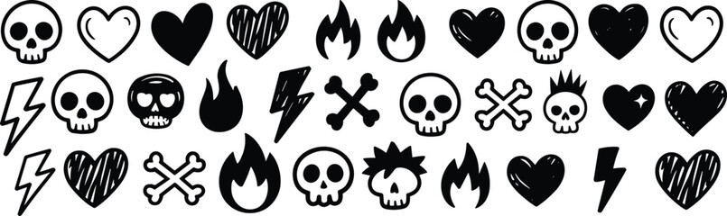Collection of black and white hand drawn doodle icons featuring skulls hearts lightning bolts flames and crossbones © Tania