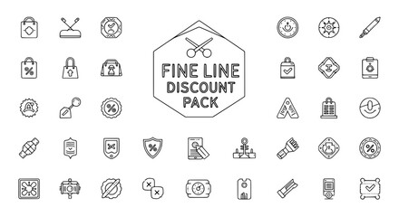 A comprehensive fine line vector icon collection displaying various e-commerce discount and shopping symbols for modern digital interface design on a white background