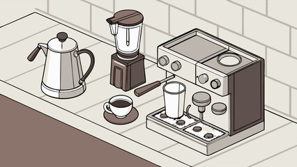 Isometric Modern Kitchen Coffee Appliances Espresso Machine Kettle Blender Countertop Home Brewing Decor Web Design
