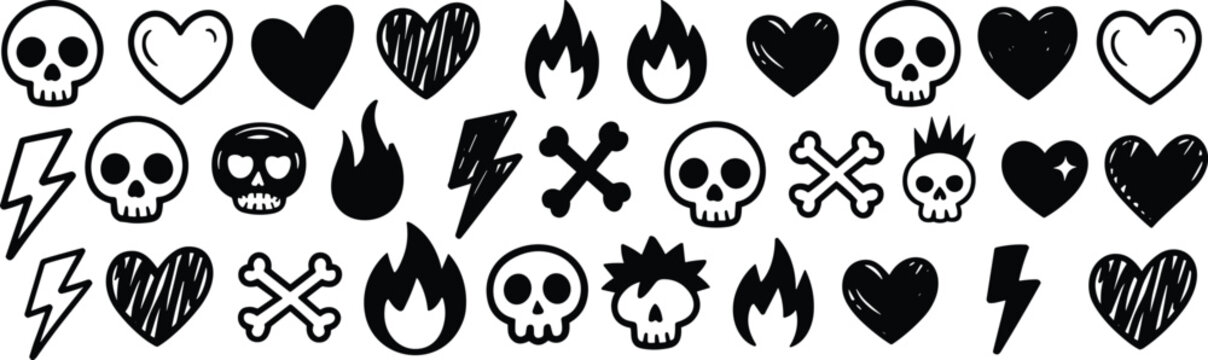 Collection of black and white hand drawn doodle icons featuring skulls hearts lightning bolts flames and crossbones