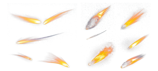 Vibrant Meteor Shower Illustrations with Dynamic Motion Effects, Isolated on Transparent, white background