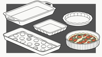 Baking Pans and Dishes Line Art Illustration for Home Cooking and Professional Baking. Kitchen Bakeware Vector Drawing for Culinary Websites and Recipe Books.