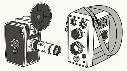 Vintage Film Cameras Black and White Illustration. Retro Analog Movie Equipment for Classic Cinema Production, Nostalgic Media and Creative Storytelling.