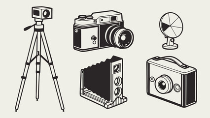 Analog Photography Gear Collection Vintage Cameras Tripod Flash Retro Art for Creative Projects