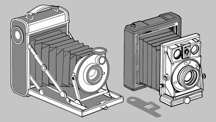 Retro Folding Film Cameras Grayscale Vector Illustration for Vintage Photography and Creative Design