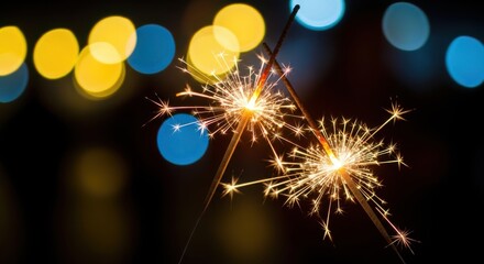 Closeup of two sparklers emitting bright sparks against a blurred background of yellow and blue bokeh lights, creating a festive and celebratory atmosphere for events and special occasions