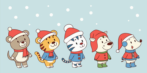 Festive Christmas animal characters in winter clothes and santa hats. Great for holiday cards, kids posters, stickers and seasonal projects. Vector EPS.