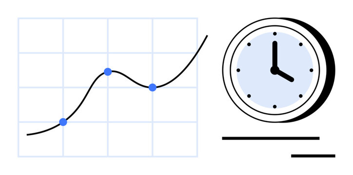 Graph with curved line and blue data points paired with an analog clock. Ideal for analytics, progress tracking, time management, productivity, deadlines, business planning, simple flat metaphor
