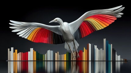 Naklejka premium A white bird with wings featuring bands of red, orange, yellow, and gray flies over a landscape formed by a row of colorful books.
