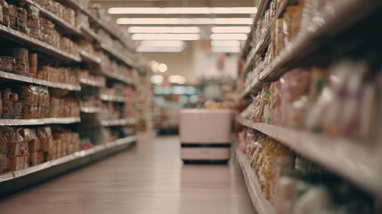Fototapeta premium The interior of a grocery store aisle. the aisle is long and narrow, with rows of shelves on either side.