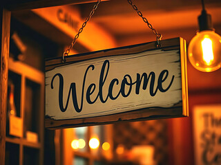 Wooden welcome sign features a black calligraphic handwritten text "Welcome" on wooden sign hanging in warm dim-lit at front door 
