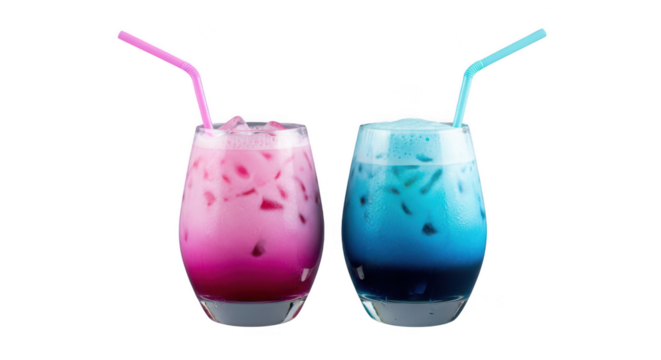 Two glasses of colorful milk drinks, one pink and one blue, with straws, isolated on transparent background, offering a refreshing and vibrant beverage experience