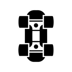 Overhead view of a black skateboard on transparent background silhouette