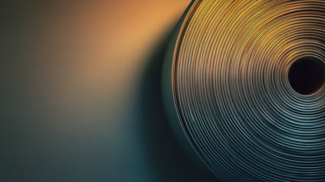 An abstract close-up shot of a roll of metal with gradient color