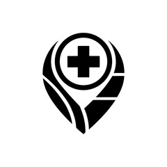 Fototapeta premium Medical cross inside location marker icon on transparent background silhouette