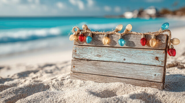 blank wooden sign with colorful Christmas lights on sandy beach creates a tropical holiday atmosphere with ocean waves and a vibrant coastal vibe. Mock up for travel, vacations, and exotic holiday - Powered by Adobe