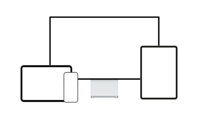 Set of digital devices, monitor, tablets and smartphone with blank screens. Mockup for presenting UI, apps and web design