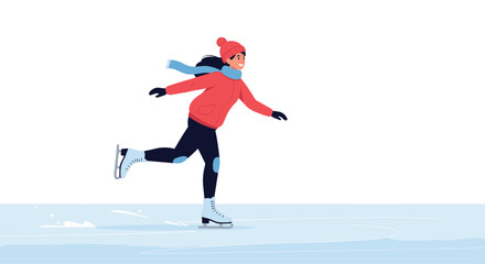 Obraz premium A cheerful young woman gracefully ice skates on a frozen pond during winter, enjoying a cold weather activity and outdoor recreation period.