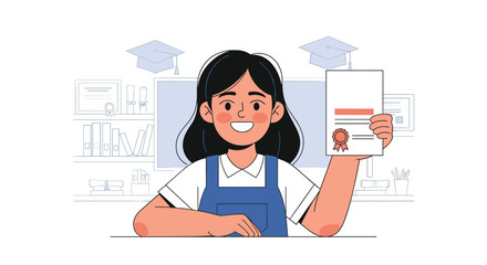 A cheerful young woman proudly displays her graduation certificate while sitting at a desk with academic symbols in the background.