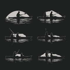 set of people riding a cano black and white silhouette illustration