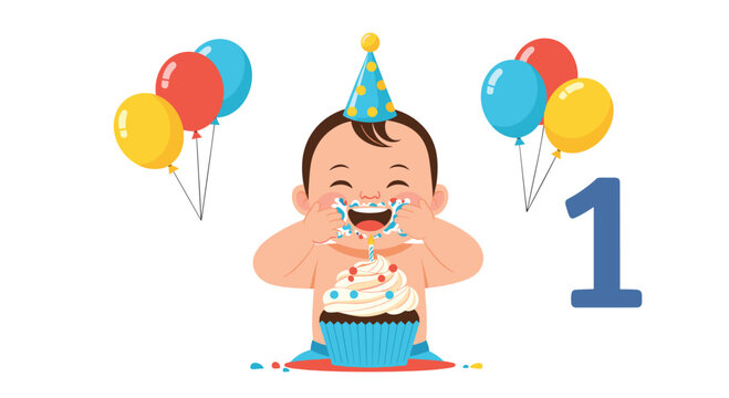A cheerful baby celebrates their first birthday with a cupcake and balloons, joyfully covered in frosting and wearing a party hat.