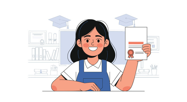 A cheerful young woman proudly displays her graduation certificate while sitting at a desk with academic symbols in the background.