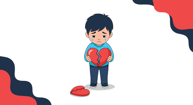 Sad little boy holding a broken heart, expressing feelings of grief and loss with tears streaming down his face, symbolizing heartbreak and emotional pain.