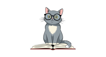 Charming gray cat wearing glasses sits atop an open book, radiating intelligence and a love for reading in a delightful cartoon illustration.
