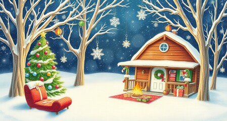 A painting of a cabin in the snow with a christmas tree