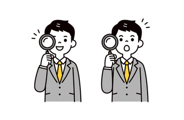 虫眼鏡を持って分析する、スーツを着た若い男性のシンプルな上半身ベクターイラスト素材