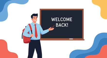 Naklejka premium A cheerful male teacher stands beside a chalkboard with a welcome back message, gesturing with a red pen and carrying a backpack, symbolizing the start of the school year.