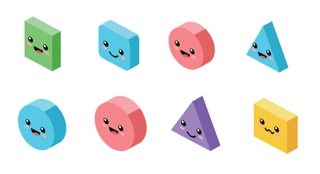 Cute geometric shapes with smiley faces in 3d pastel colors