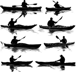 set of people riding a cano black and white silhouette illustration