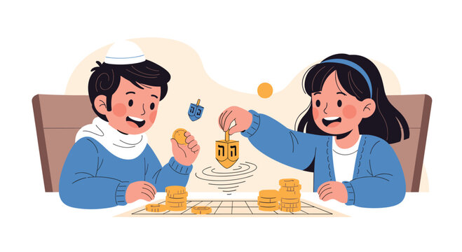 Two cheerful children joyfully playing the traditional Hanukkah game of dreidel with golden coins, celebrating the festival of lights with happiness and tradition.