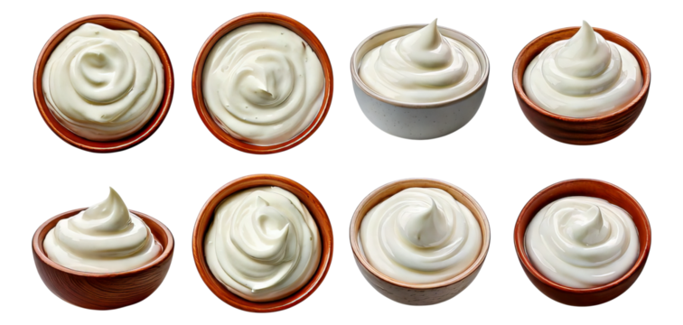 Creamy Whipped Toppings in Varied Bowls for Culinary Use, Isolated on Transparent, white background