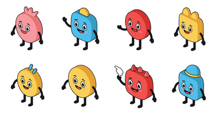 Naklejka premium Colorful cartoon characters with playful expressions and varied hats