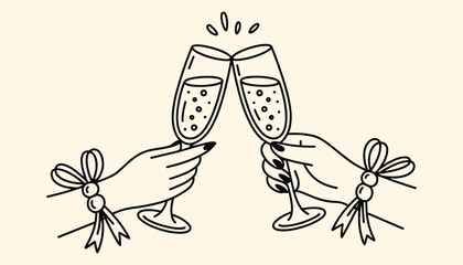 Two hands holding champagne glasses clinking together with bubbles and bows on wrists toast celebration © Tania