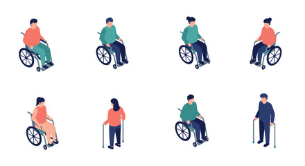 Diverse characters with disabilities in isometric style for accessibility awareness
