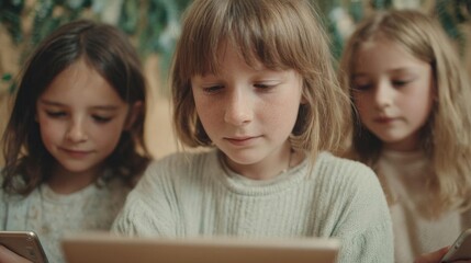 Three young girls, two girls and a boy, sitting together and looking at a laptop screen. the girl in the middle is a young girl with blonde hair and freckles, wearing a white sweater.
