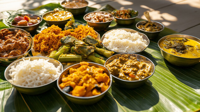 outh Indian vegetarian meal served on banana leaf outdoors