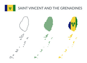 Saint Vincent and the Grenadines geographical borders isolated on white background. Flag of Saint Vincent and the Grenadines. Vector flat cliparts.